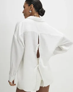 Cream Long Sleeve Tie Back Beach Shirt