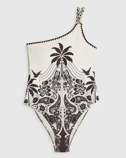 Cream One Shoulder Print Swimsuit