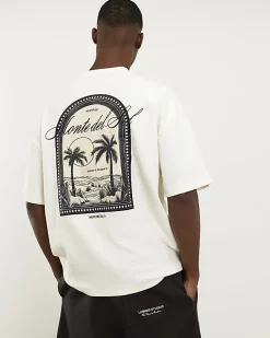 Cream Oversized Fit Heavyweight Print T-Shirt