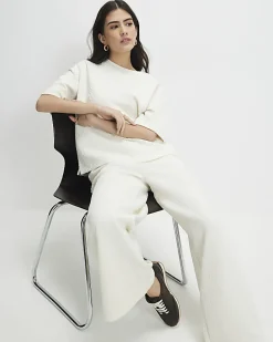 Cream Petite Jacquard Wide Trouser