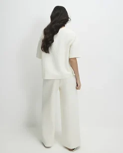 Cream Petite Jacquard Wide Trouser