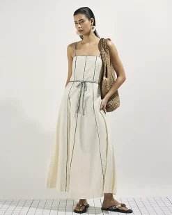 Cream Piped Belted Midi Dress