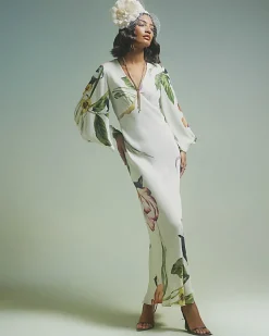 Cream Premium Floral Split Sleeve Midi Dress