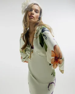 Cream Premium Floral Split Sleeve Midi Dress