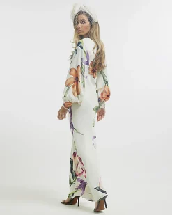 Cream Premium Floral Split Sleeve Midi Dress