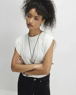 Cream Premium Ruched Shoulder T-shirt