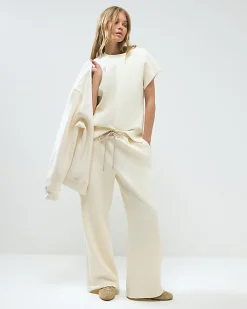 Cream Premium Twill Wide Leg Joggers