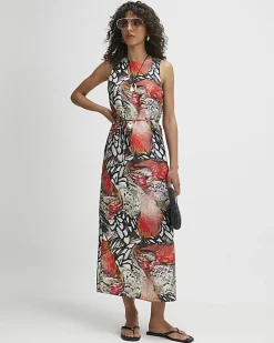 Cream Printed Slip Midi Dress