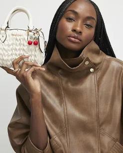 Cream Ruched Cherry Charm Mini Bowler Bag