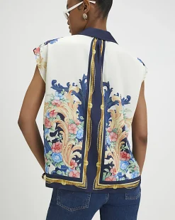 Cream Satin Printed Boxy Shirt