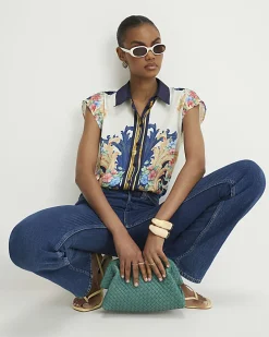 Cream Satin Printed Boxy Shirt