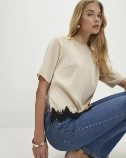Cream Satin Short Sleeve Lace Trim Top