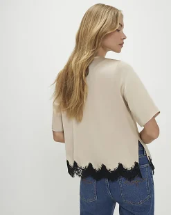 Cream Satin Short Sleeve Lace Trim Top