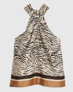 Cream Satin Zebra Print Halter Neck Top