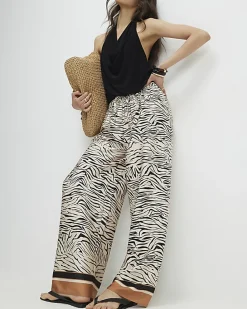 Cream Satin Zebra Print Wide Leg Trousers
