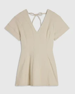 Cream Seamed Short Sleeve Denim Dress