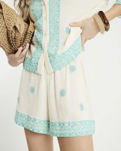 Cream Sequin Embellished Shorts