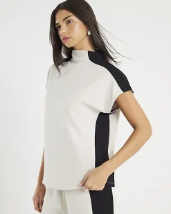 Cream Short Sleeve Colour Block High Neck Top