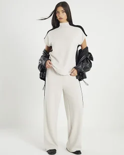 Cream Short Sleeve Colour Block High Neck Top