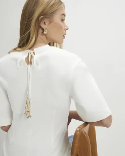 Cream Short Sleeve Tie Back Seamed Top