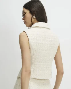Cream Sleeveless Boucle Collared Waistcoat