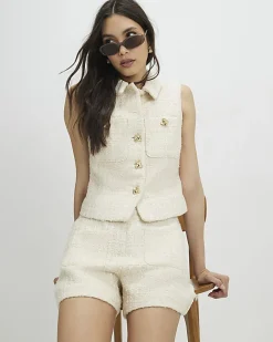 Cream Sleeveless Boucle Collared Waistcoat
