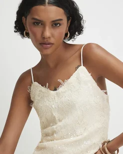 Cream Sleeveless Sequin Lace Cami Top
