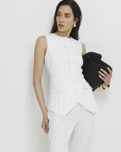 Cream Sleeveless Striped Longline Waistcoat
