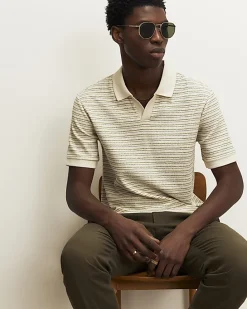 Cream Slim Fit Crochet Open Neck Polo Shirt