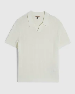 Cream Slim Fit Knitted Open Collar Polo Shirt