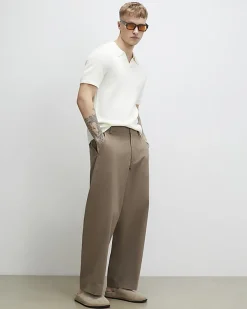 Cream Slim Fit Knitted Open Collar Polo Shirt