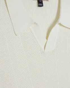 Cream Slim Fit Knitted Open Collar Polo Shirt