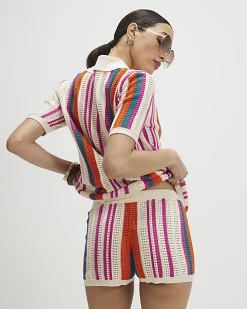 Cream Striped Crochet Shorts
