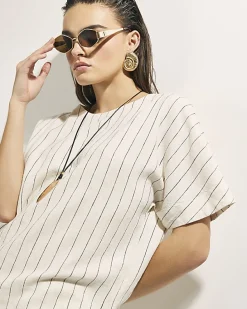 Cream Striped Linen Blend T-Shirt