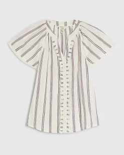 Cream Striped Short Sleeve Frill Top