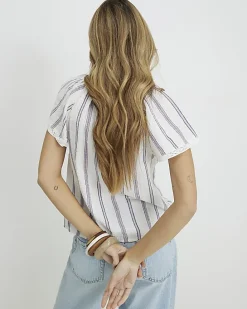 Cream Striped Short Sleeve Frill Top