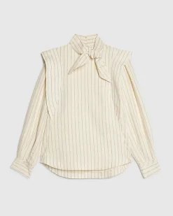 Cream Striped Tie Neck Blouse