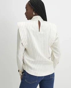 Cream Striped Tie Neck Blouse