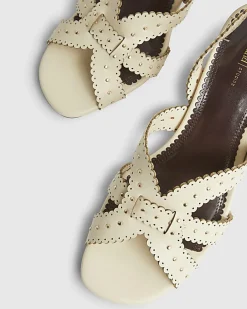 Cream Studded Scallop Edge Block Heel Sandals