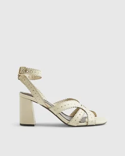 Cream Studded Scallop Edge Block Heel Sandals