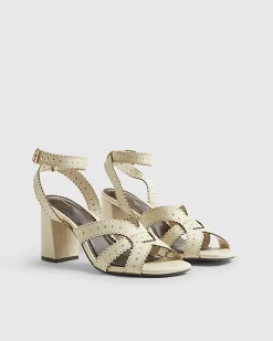 Cream Studded Scallop Edge Block Heel Sandals