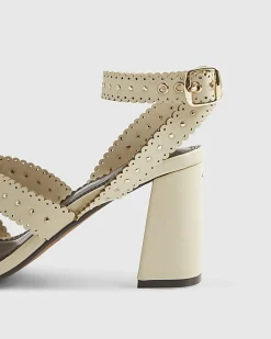 Cream Studded Scallop Edge Block Heel Sandals