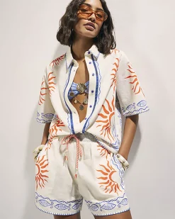 Cream Sun Embroidered Border Shirt
