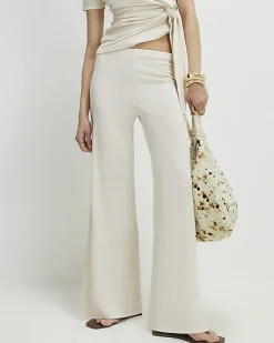 Cream Textured Wide Leg Trousers
