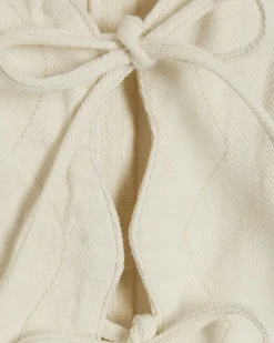 Cream Tie Front Puff Sleeve Denim Top
