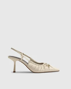 Cream Wide Fit Ruched Bow Court Heels