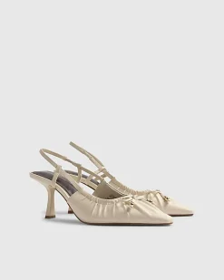 Cream Wide Fit Ruched Bow Court Heels