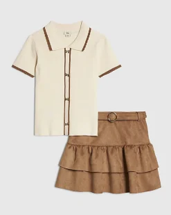 Girls Beige Faux Suede Skirt Set