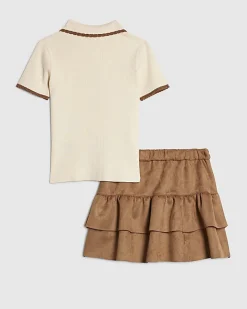 Girls Beige Faux Suede Skirt Set