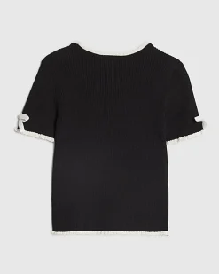 Girls Black Bow Ruffle Trim Knitted T-Shirt